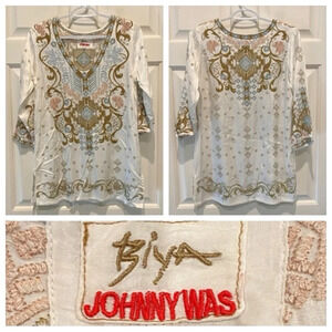 Johnny Was biya Embroidered tunic Top White 16924